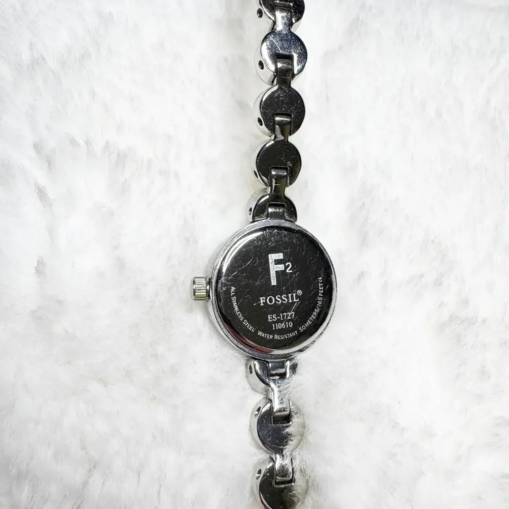 FOSSIL F2 Women's Studded Pearl & Clear Stone Band Silver Metal Watch